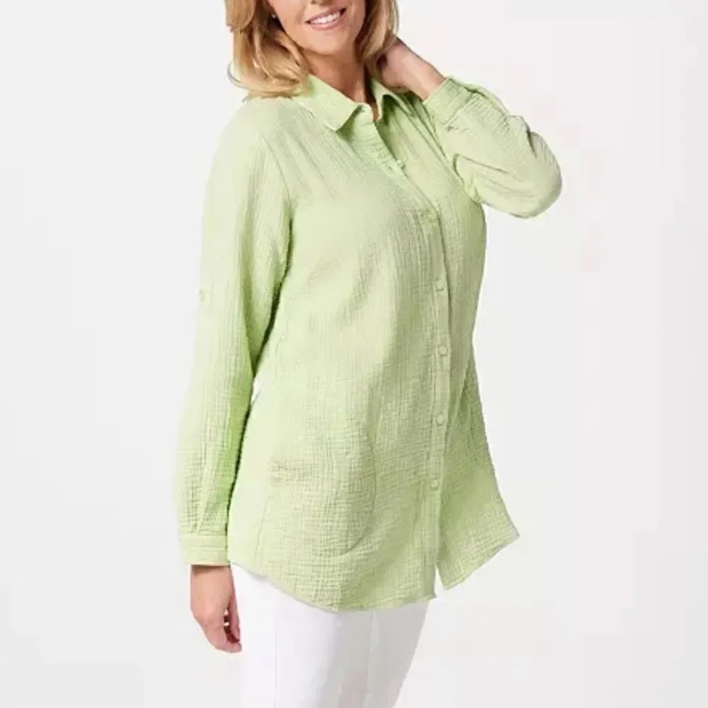 Joan River Crinkle Texture Long-Sl Boyfriend Shirt